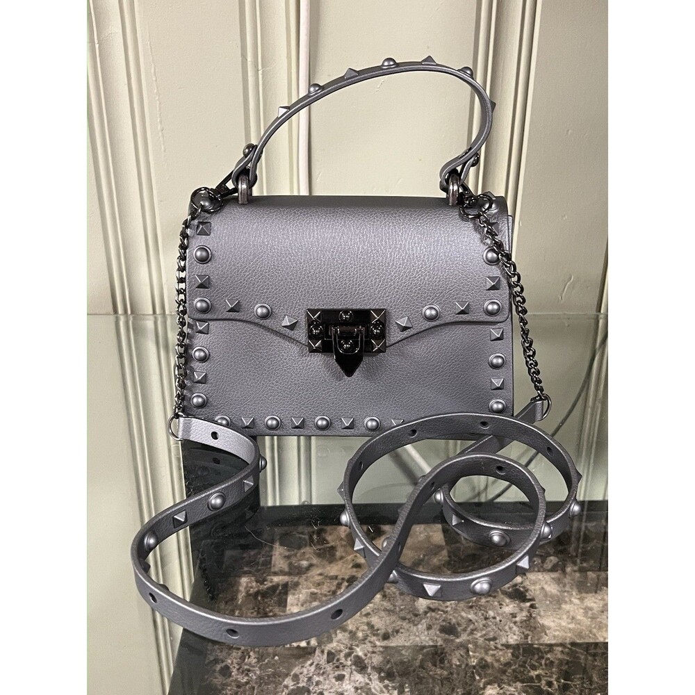 Metallic Gunmetal Grey Studded Jelly Crossbody Handbag Top Handle Purse